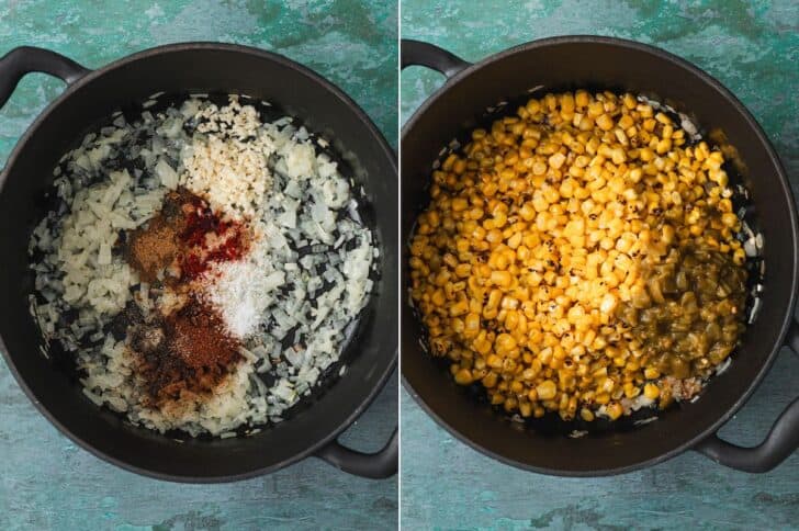 Two photos showing the process of sauteeing onions and spices, then adding corn and green chiles to a pot.