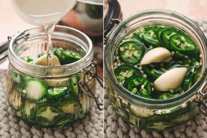 Two photos showing a pickling solution being poured over jalapeno peppers in a jar.