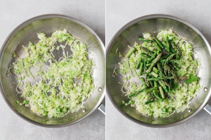 Two photos showing leeks and asparagus being sauteed in a skillet.