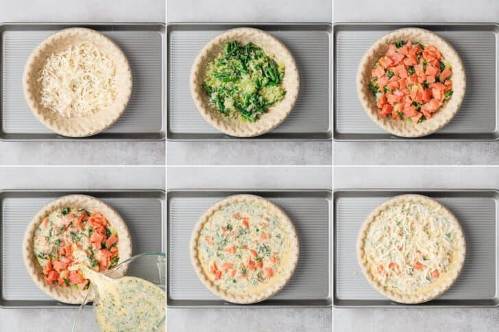 A series of six photos showing the process of building a salmon quiche recipe.