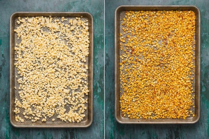 Two photos showing corn kernels before and after roasting.