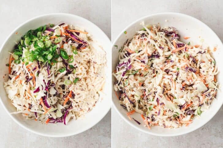 Two photos showing a apple coleslaw recipe being stirred together.