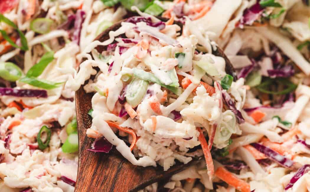 A spoon lifting a scoop of an apple coleslaw recipe.