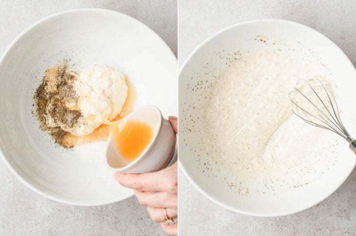 Two photos showing a creamy dressing being whisked together in a white bowl.