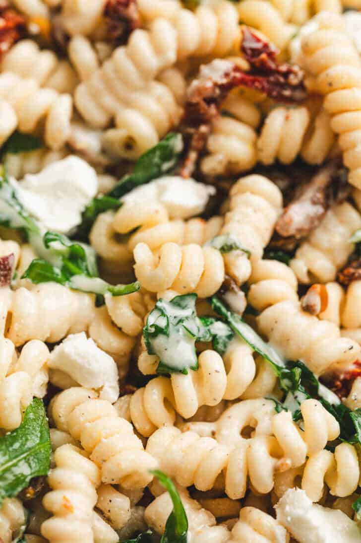 Closeup photo of sundried tomato pasta salad.
