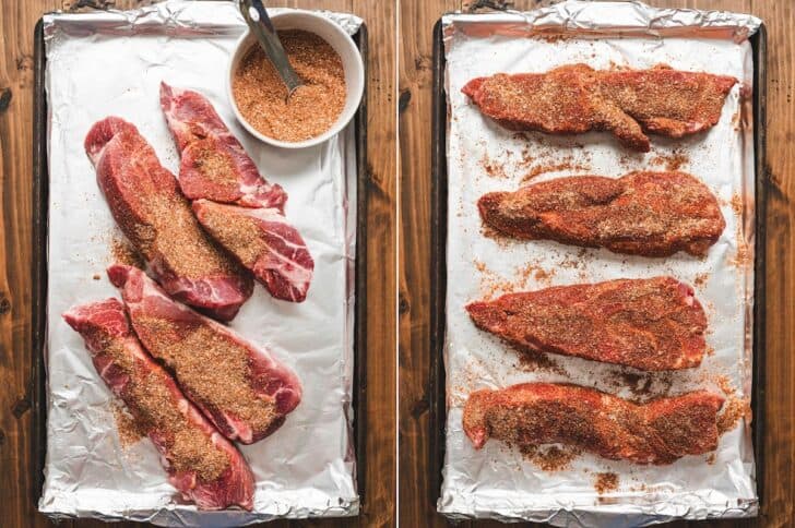 Two photos showing how to rub seasoning on a country ribs recipe.