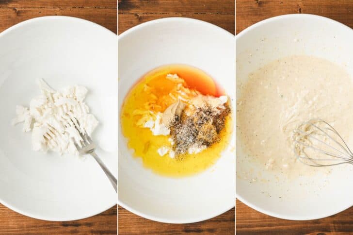 Three photos showing the process of whisking together a creamy dressing in a white bowl.