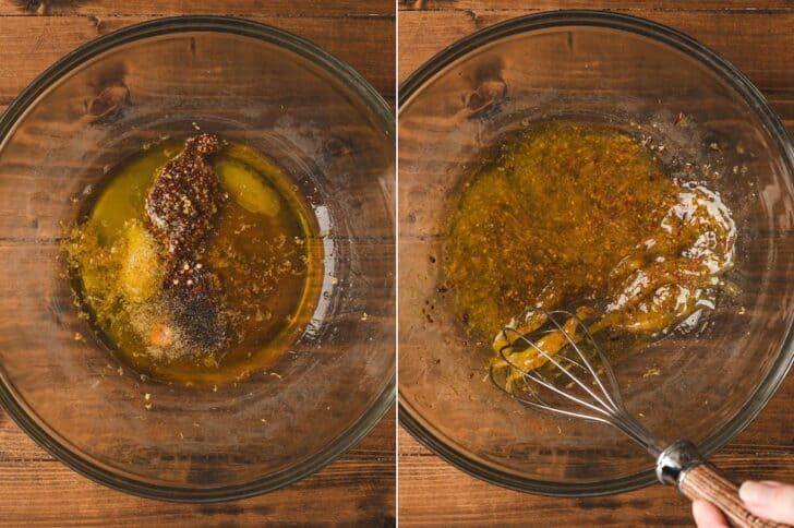 Two photos showing a vinaigrette being whisked together in a glass bowl.