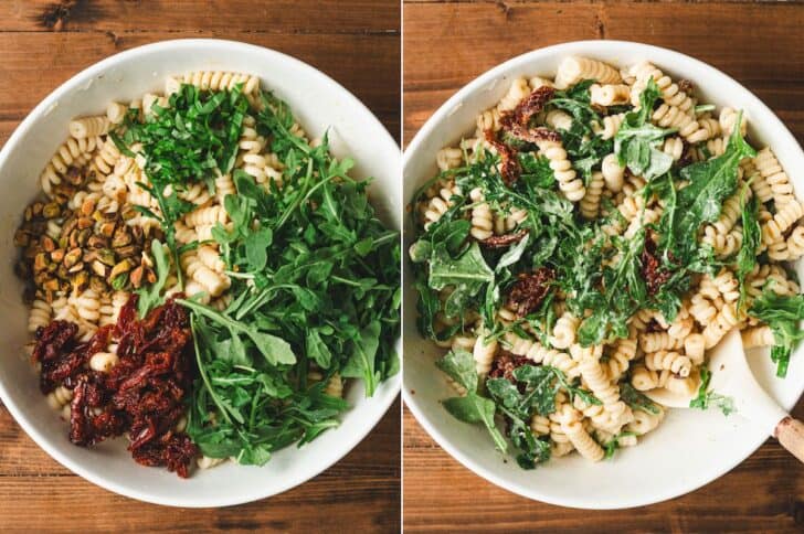 Two images showing arugula pasta salad before and after tossing together.