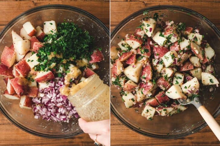 Two photos showing dressing be added to a no mayonnaise potato salad, and the salad being stirred together.