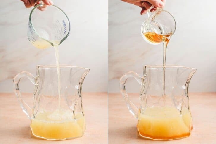 Two images showing the process of adding ingredients for a drink into a glass pitcher.