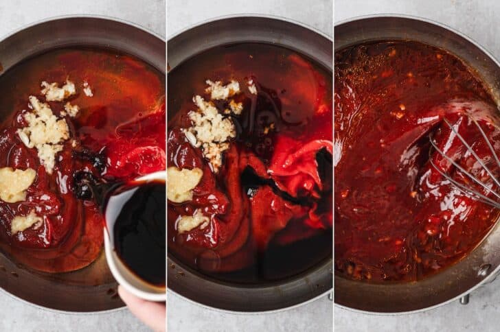 A series of three photos showing gochujang bbq sauce being made in a saucepan.