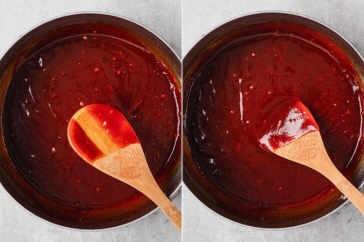 Two photos showing gochujang barbecue sauce coating a wooden spoon.