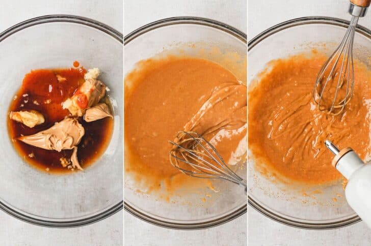 A series of three photos showing the process of whisking together a peanut salad dressing.