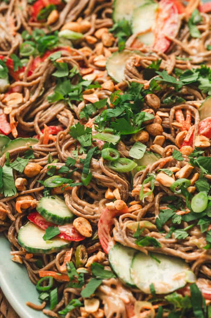 Closeup on an Asian pasta salad recipe.