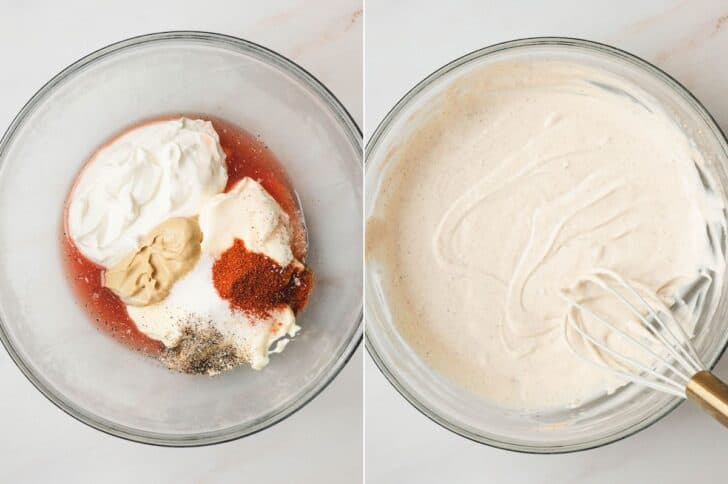 Two photos showing a creamy salad dressing being whisked together in a glass bowl.