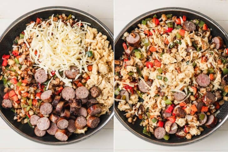 Two photos showing the process of adding shredded cheese to a sausage and egg scramble in a skillet.