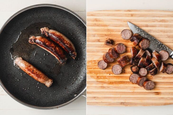 Two photos showing the process of cooking bratwurst in a skillet, and slicing them.