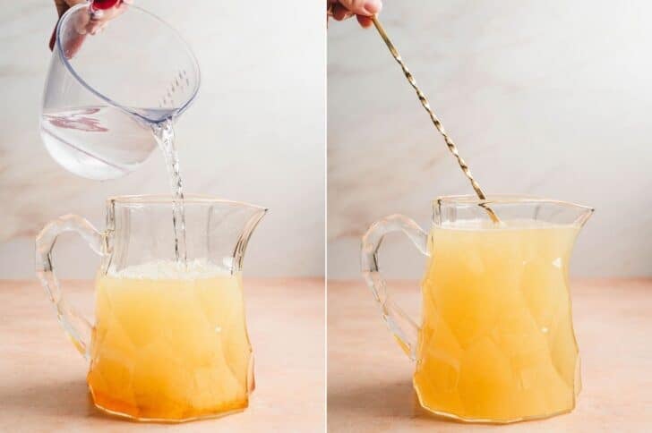 Two pitchers showing adding water to lemonade with agave in a pitcher, and stirring it up.