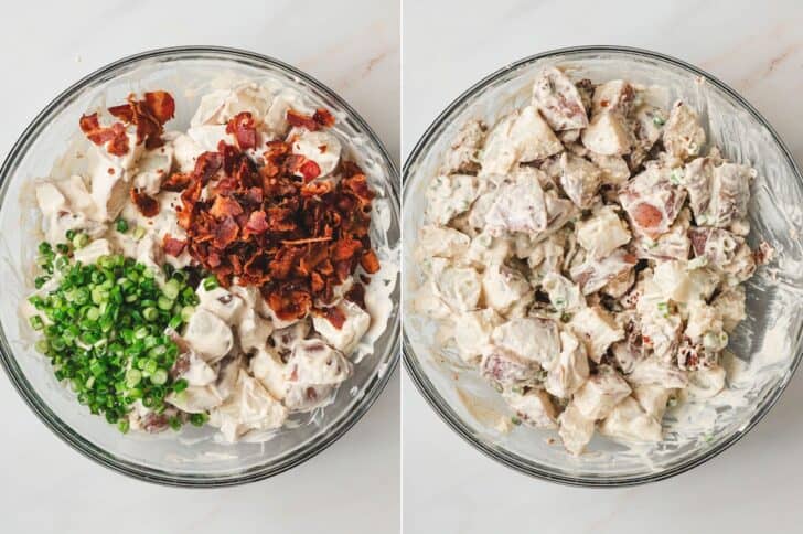 Two photos showing a bacon potato salad recipe in a glass bowl, before and after the ingredients are tossed together.