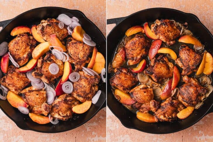 Two-panel process shot showing seared chicken thighs with sliced peaches and shallot rings arranged in a cast iron skillet before cooking (left), and the same skillet after braising with the ingredients softened in pan juices (right).