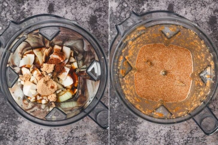 Two photos showing chopped onion and spices in a blender, before and after blending.