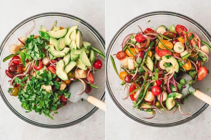 Heart of palm salad recipe process showing avocado and fresh herbs added to the bowl before tossing into a colorful palmito salad.
