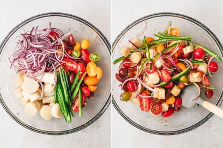 Heart of palm salad process showing vegetables and hearts of palm tossed with dressing before adding avocado and herbs.