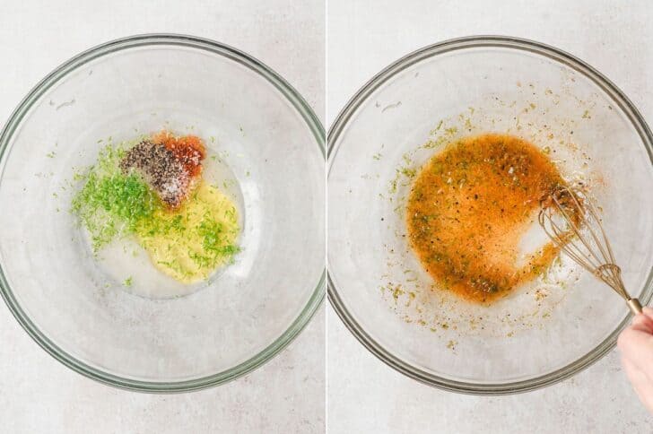 Dressing for a hearts of palm salad recipe whisked together with lime, olive oil and seasonings before adding vegetables.