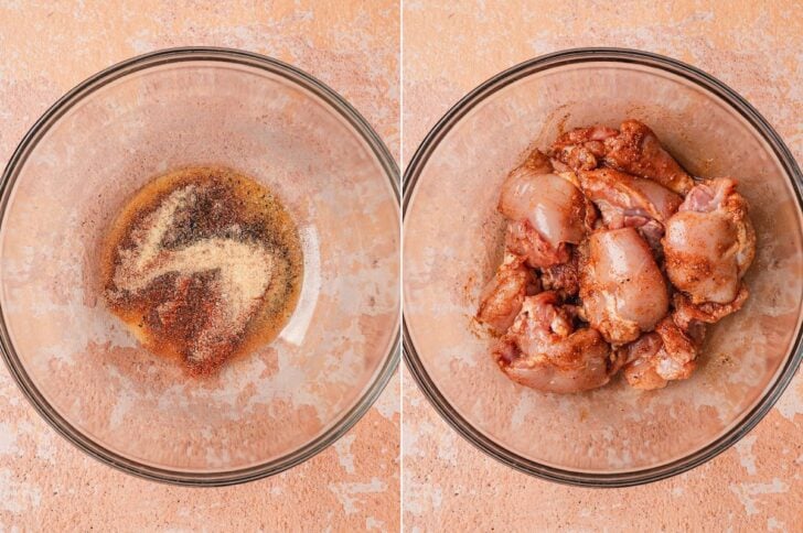 Two-panel shot showing a glass bowl with spice seasoning and oil mixed together (left), and raw chicken thighs coated in the spice marinade (right).