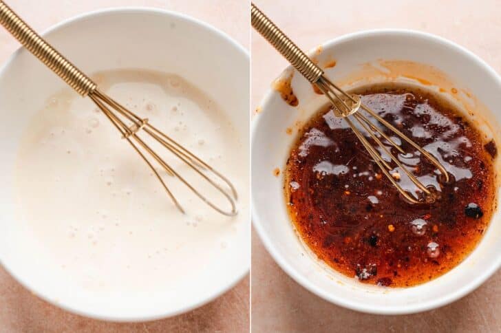Two photos, showing a white sauce and a red sauce being whisked together in bowls.