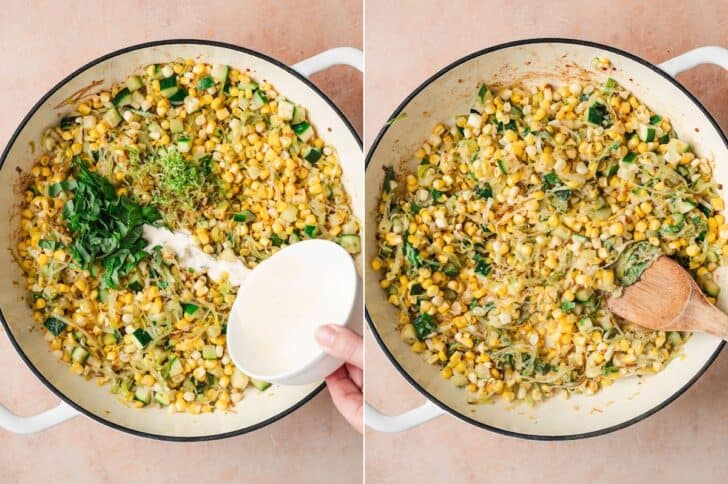 Two photos, showing cream and herbs being stirred into a corn side dish recipe.