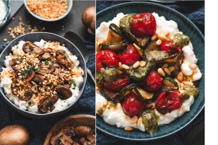 Two-panel overhead shot showing cottage cheese breakfast ideas, with a roasted mushroom and toasted breadcrumb bowl on one side and a pesto zucchini and cherry tomato bowl topped with toasted pine nuts on the other.