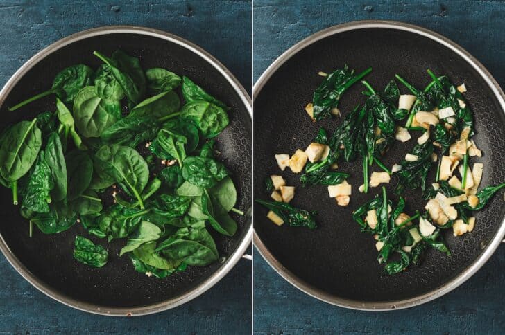 Two-panel overhead shot of fresh spinach in a skillet, then wilted with minced garlic and chopped artichoke hearts.