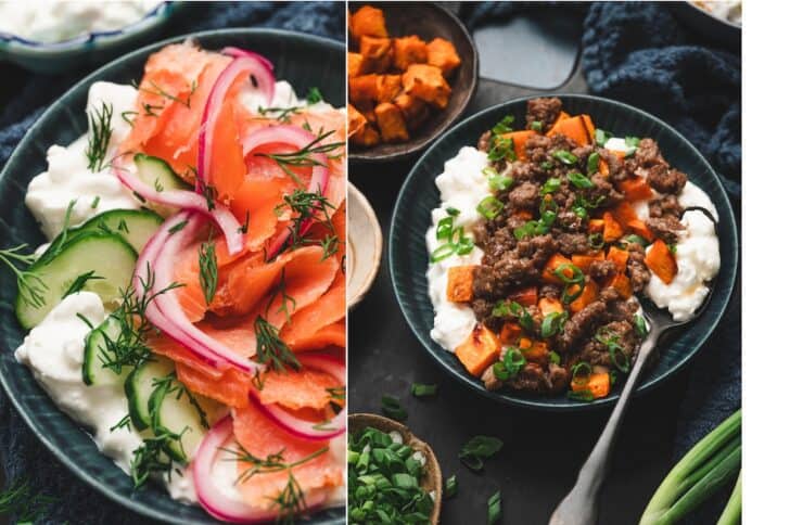 Two-panel overhead shot of cottage cheese breakfast recipes, featuring a smoked salmon and dill bowl with cucumbers and pickled red onions, alongside a sweet potato and turkey sausage bowl topped with green onions and a maple syrup drizzle.