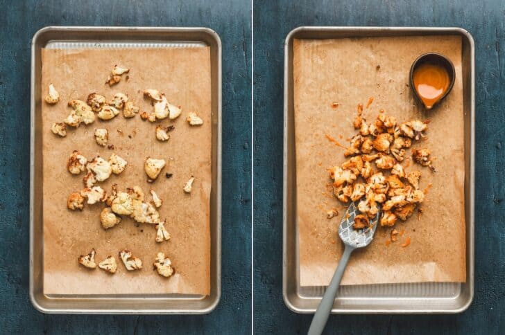 Two-panel overhead shot of roasted cauliflower florets on a baking sheet, then tossed with buffalo sauce.