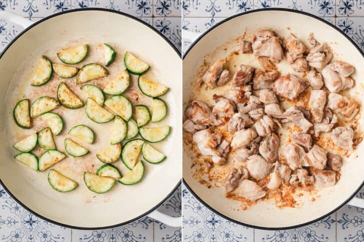 Two-panel overhead shot of zucchini half-moons searing in a white pot, followed by chicken pieces browning in the same pot.