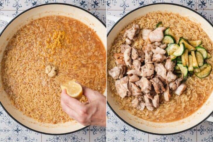 Two-panel overhead shot of lemon zest, Dijon mustard, and lemon juice being added to cooked orzo in a pot, then chicken and zucchini stirred in.