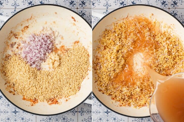 Two-panel overhead shot of chopped shallot, garlic, and dry orzo in a pot, then chicken broth being poured in to cook the orzo.