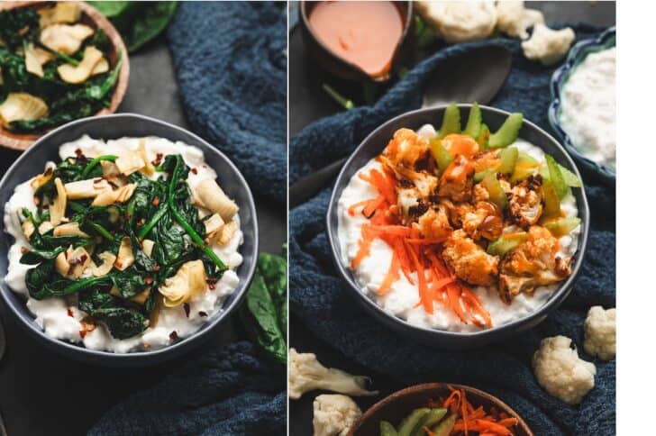 Two-panel overhead shot of savory cottage cheese recipes, showing a spinach artichoke bowl with red pepper flakes alongside a buffalo cauliflower bowl topped with shredded carrots and sliced celery.