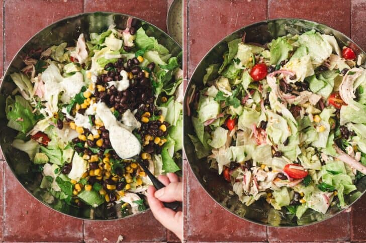Two-panel overhead shot of a large bowl of chopped lettuce, shredded chicken, and vegetables being topped with black beans, corn, and dressing before tossing, then shown fully mixed together.
