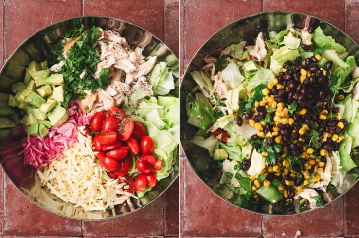Two-panel overhead shot of a large mixing bowl showing chopped lettuce topped with diced avocado, shredded chicken, cilantro, cherry tomatoes, pickled onion, and shredded cheese on one side, then the same bowl topped with black beans and corn on the other.