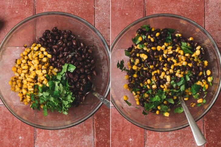 Two-panel overhead shot of a glass bowl with roasted corn, black beans, and chopped cilantro placed separately before mixing, then shown combined into a black bean and corn salad.