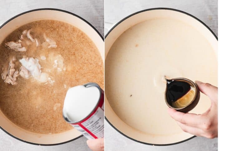 Process shots showing coconut milk being poured into chicken broth, then fish sauce being added to finish the creamy ramen broth
