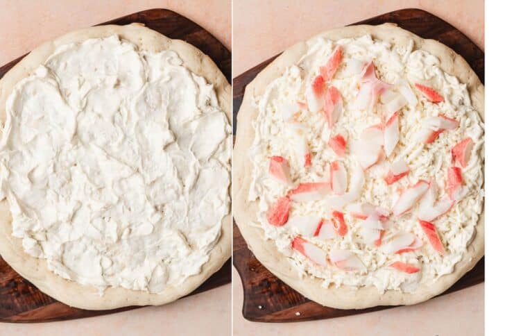 Two-panel overhead shot of parbaked pizza dough spread with a garlic cream cheese mixture, then topped with shredded mozzarella and imitation crab meat.