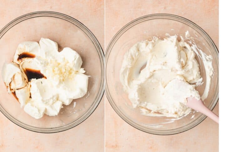 Two-panel overhead shot of cream cheese, garlic, and Worcestershire sauce being mixed together in a bowl, from separate ingredients to a smooth mixture.