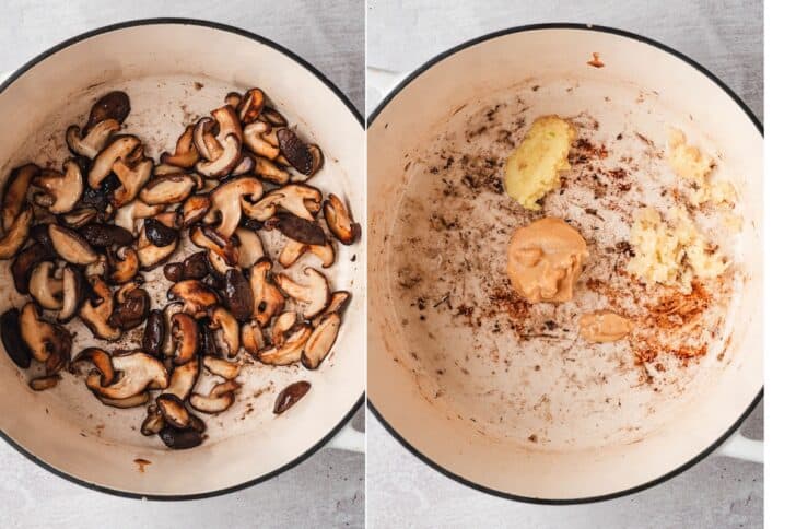 Process shots of shiitake mushrooms browning in a pot, then miso paste, garlic, and ginger added to build the ramen broth