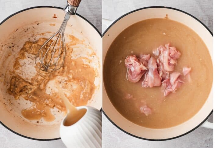 Process shots of miso mixture being whisked into broth, then raw sliced chicken added to the pot to simmer