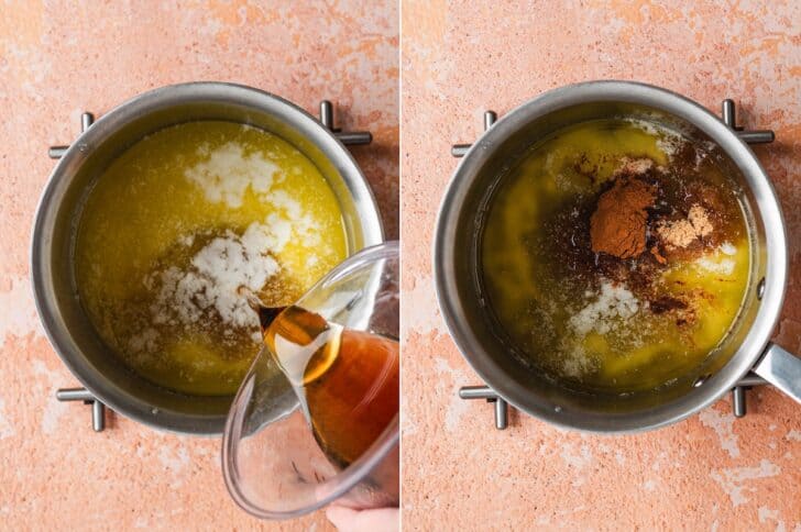 Process shots of melted butter and maple syrup in a saucepan, then cinnamon and brown sugar stirred in to make the coating for halloween chex mix