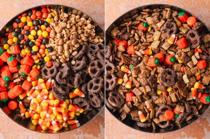 Process shots of candy corn, peanuts, and chocolate-covered pretzels being stirred into baked cereal to finish the halloween chex mix recipe